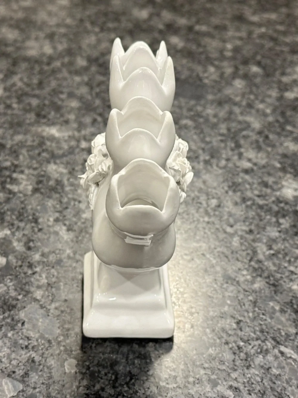 White Ceramic Five Finger Tulipiere Bud Vase with Floral Rose Appliqué